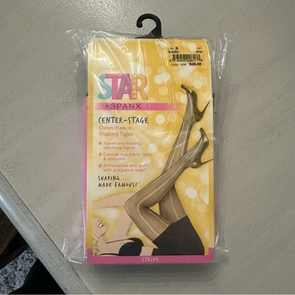 Star Power by Spanx Center-Stage Open-Weave Stripe Shaping Tights Sz B NWT